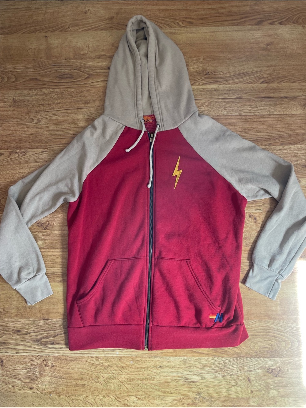 Aviator Nation unisex Two-Tone Red & Tan Zip Hoodie with Lightning Bolt large